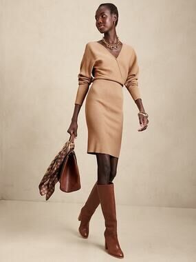 Banana Republic Womens Large Tall Dress Rina Ribbed Wrap Front Knit Sweater Long